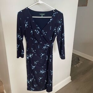 RALPH LAUREN Womens Navy Floral 3/4 Sleeve Knee Length Dress